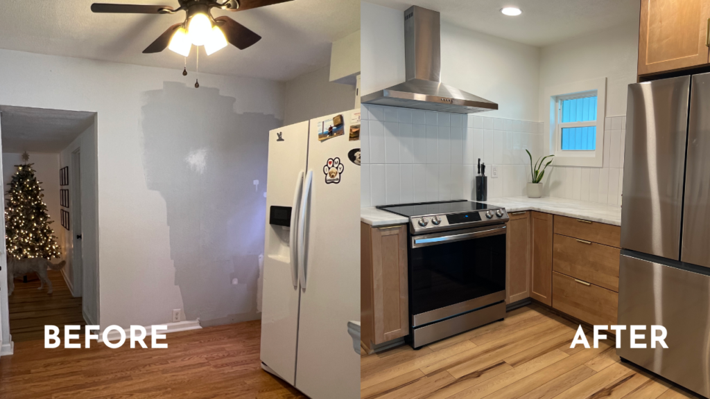 A kitchen remodel done in St. Petersburg, FL. by St. Petersburg Property Professionals including cabinet installation, appliance hookup, painting, drywall, and light fixture installation