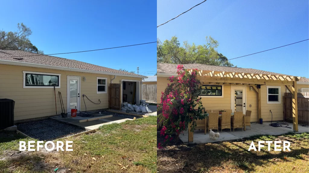 before and after of a custom pergola built by st. Pete handyman service